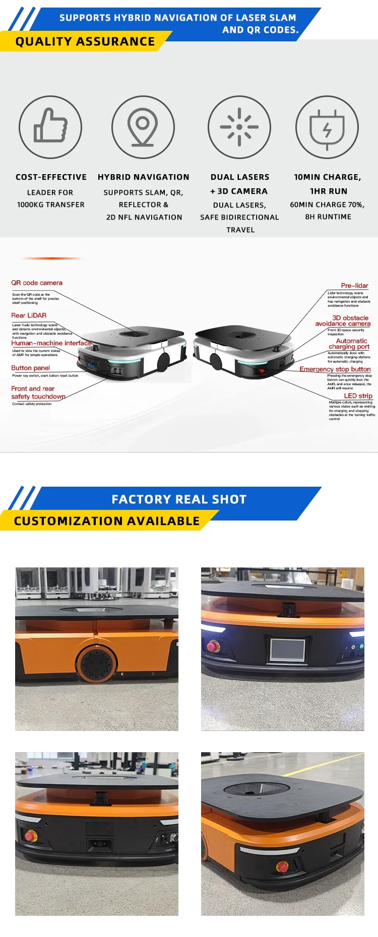 400kg Autonomous Mobile Robot Agv with Slam Navigation for 3c Material Handling