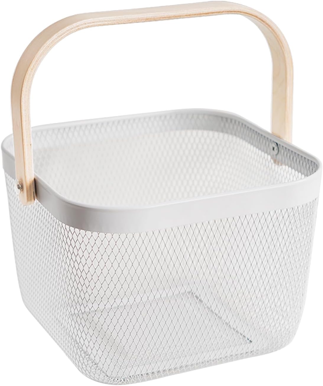 White Small Square Organizing Metal Mesh Steel Wire Harvest Storage Basket with Bamboo Handle