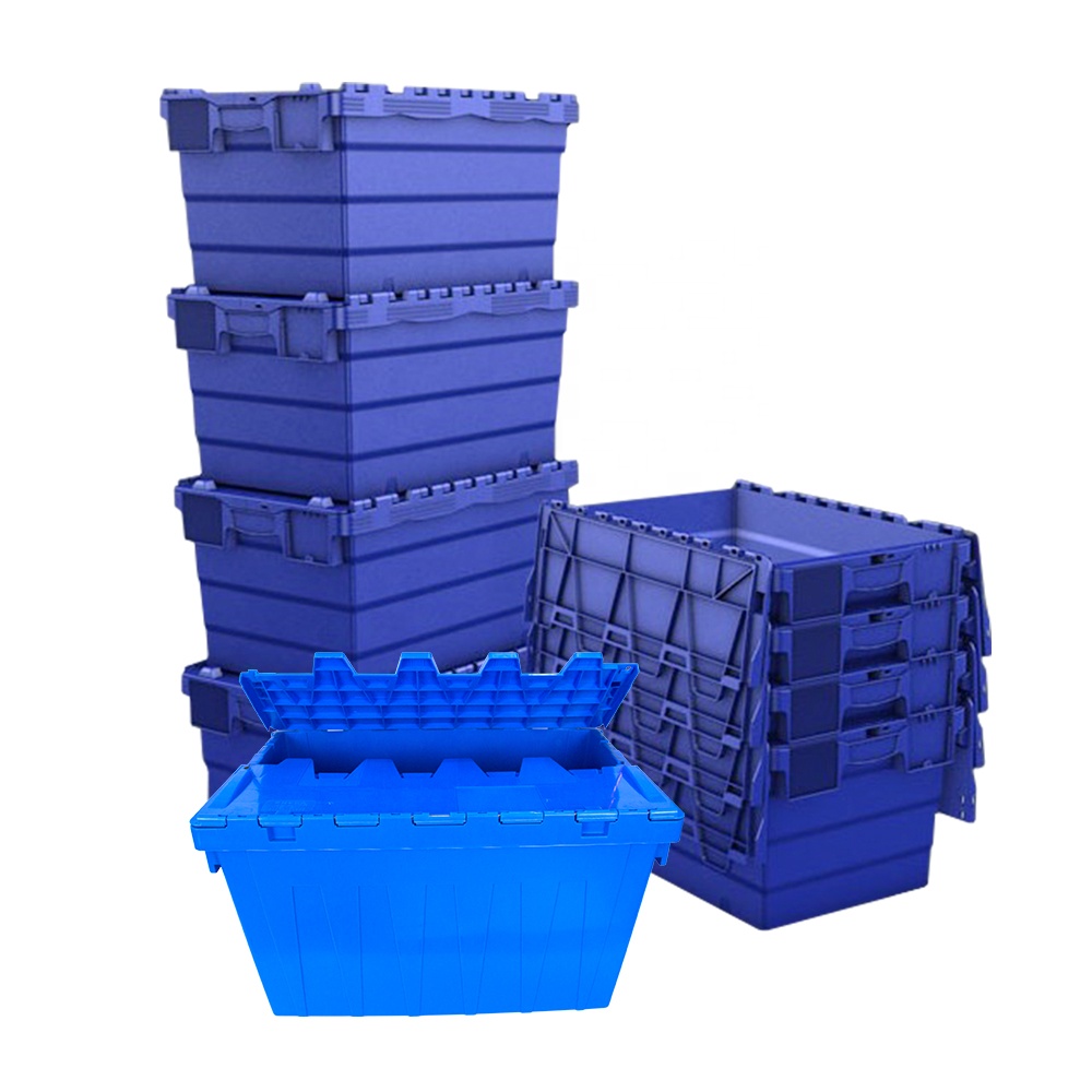 80L Stackable Tote Bin Nestable and Stackable Plastic Crate Heavy Duty Attached Lid Crates