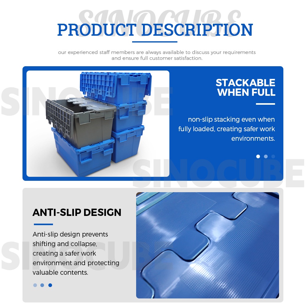 Sinocube Plastic Moving Crate Stackable Storage Attached Lid Containers Plastic Tote Turnover Box for Transport and Delivery