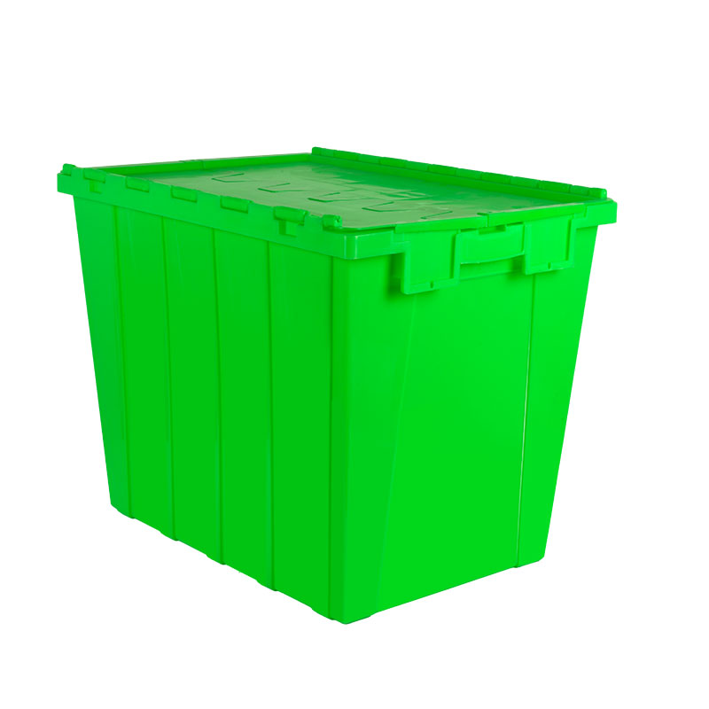 Logistic Nestable Stackable Storage Plastic Tote Moving Box Attached Lid Containers For Storage