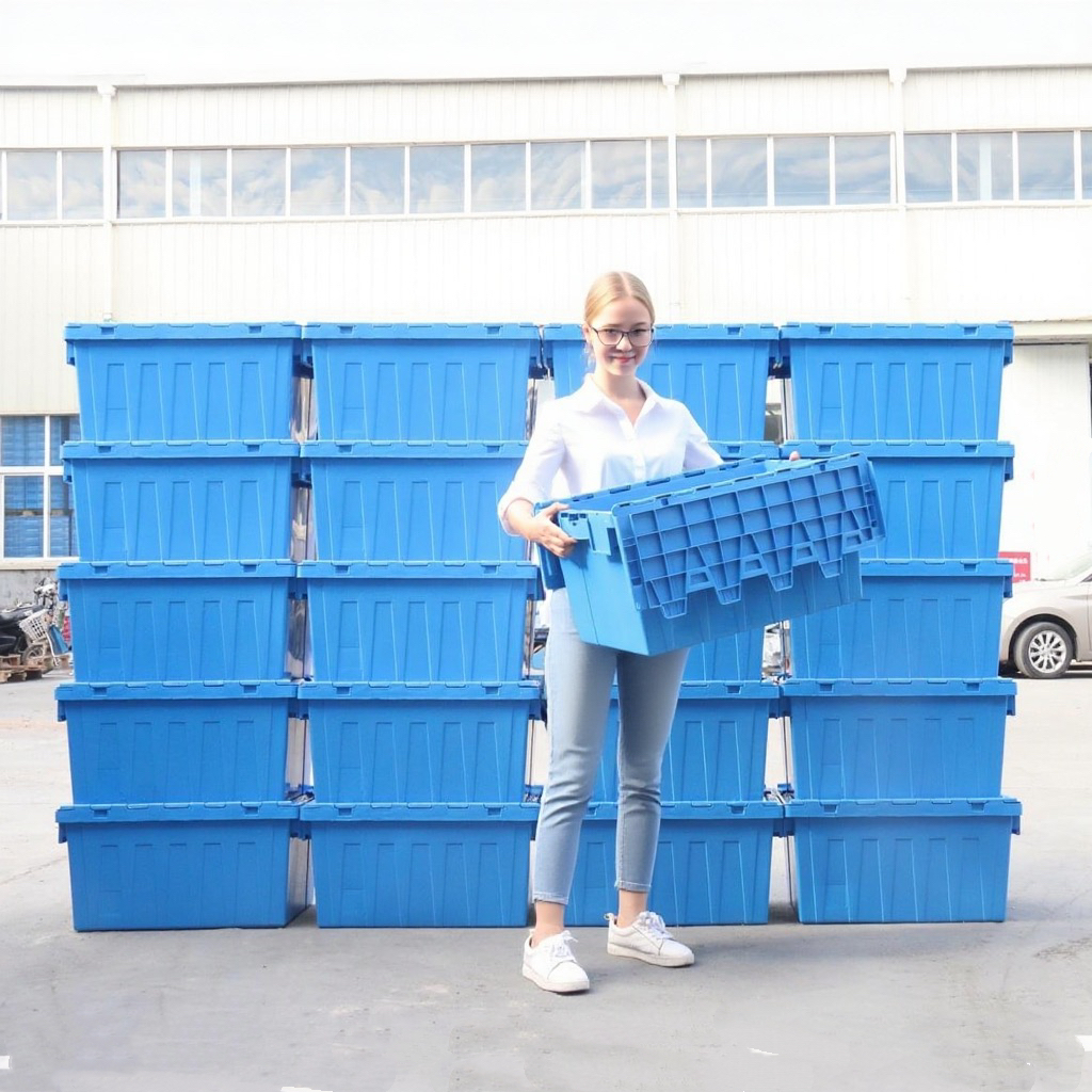 Heavy Duty Plastic Containers Warehouse Tote 56L/68L/80L Solid Stack Box Nestable Stackable Attached Lid Storage Intralogistics