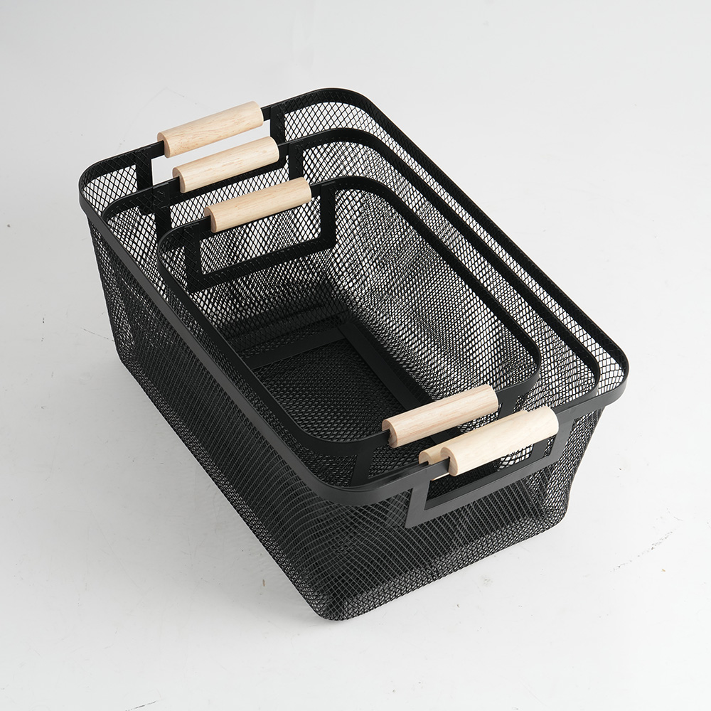 Wire Mesh Baskets Set of 3pcs for Organizing with Wooden Handle Storage Baskets Sancks Organizers and Fruit Vegetable Storage