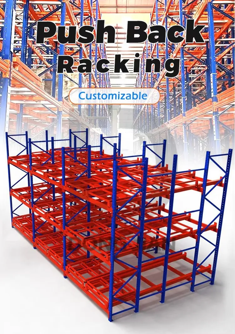 Commercial Warehouse Push Back Storage Pallet Racking System Flow with Rail