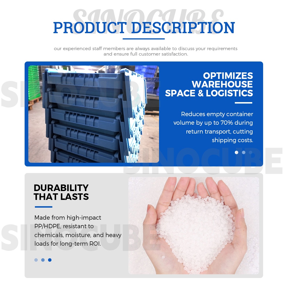 Sinocube Plastic Moving Crate Stackable Storage Attached Lid Containers Plastic Tote Turnover Box for Transport and Delivery