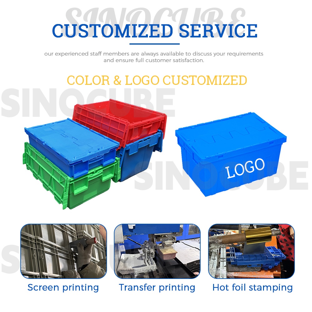 Sinocube Plastic Moving Crate Stackable Storage Attached Lid Containers Plastic Tote Turnover Box for Transport and Delivery