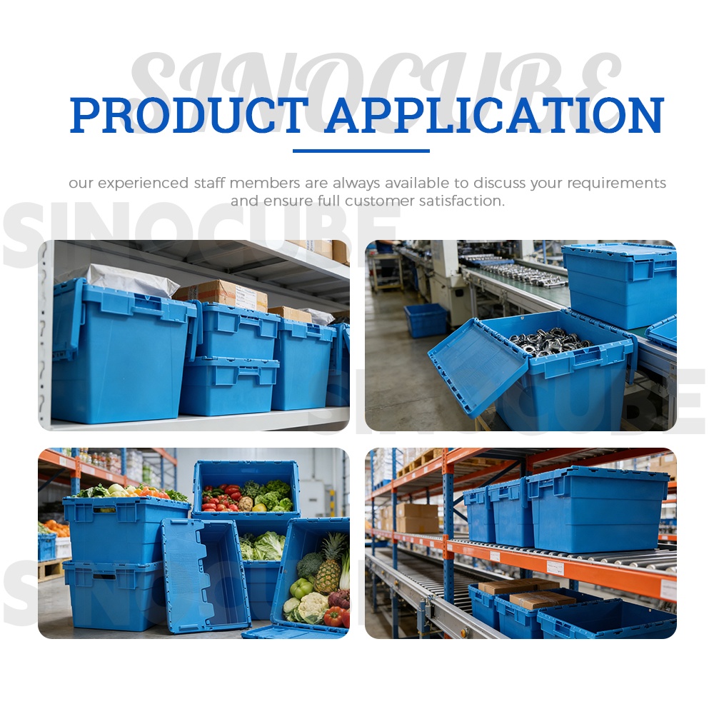 Sinocube Plastic Moving Crate Stackable Storage Attached Lid Containers Plastic Tote Turnover Box for Transport and Delivery