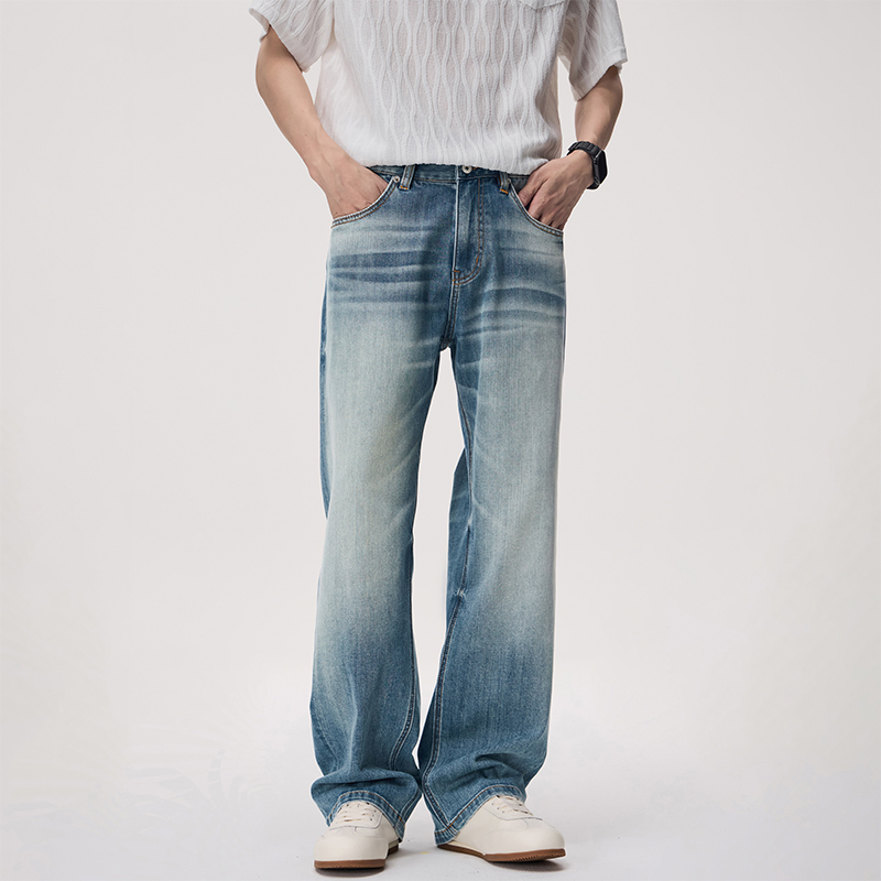 Moda de Tendência Hip Hop Urbana Premium Soft Gradiente Calça Larga Rasgada Jeans de Cintura Alta