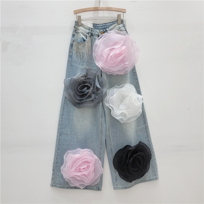 Calças jeans retas de cintura alta de estilo europeu personalizadas, versão coreana, que afinam a silhueta