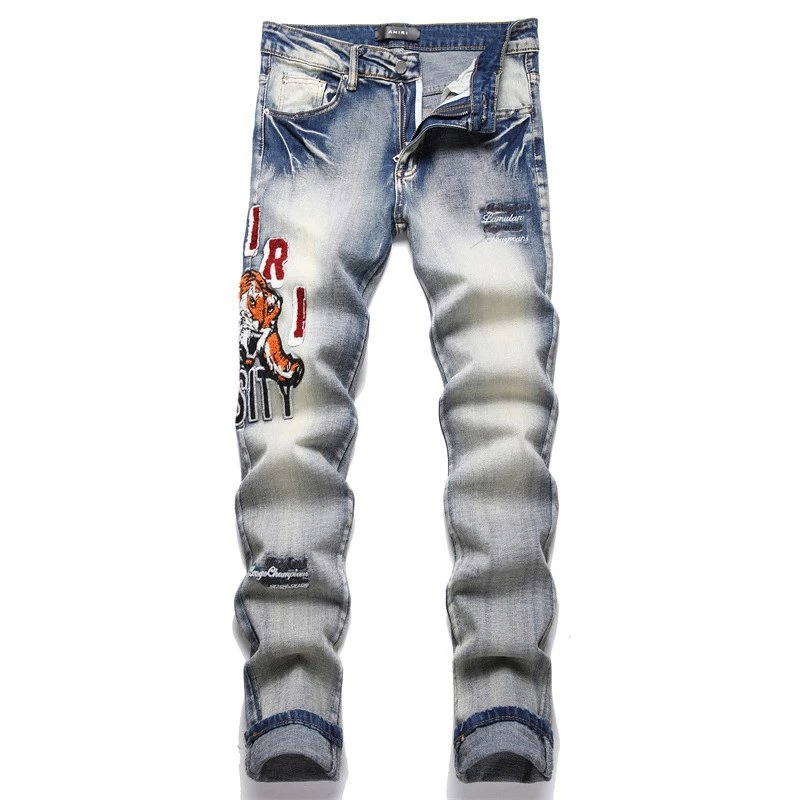 Fábrica de Dropshipping Atacado Personalizado Logotipo de Marca Alta Qualidade Amiriy Jeans Skinny Esticados com Patches Bordados para Homens AMR Jeans