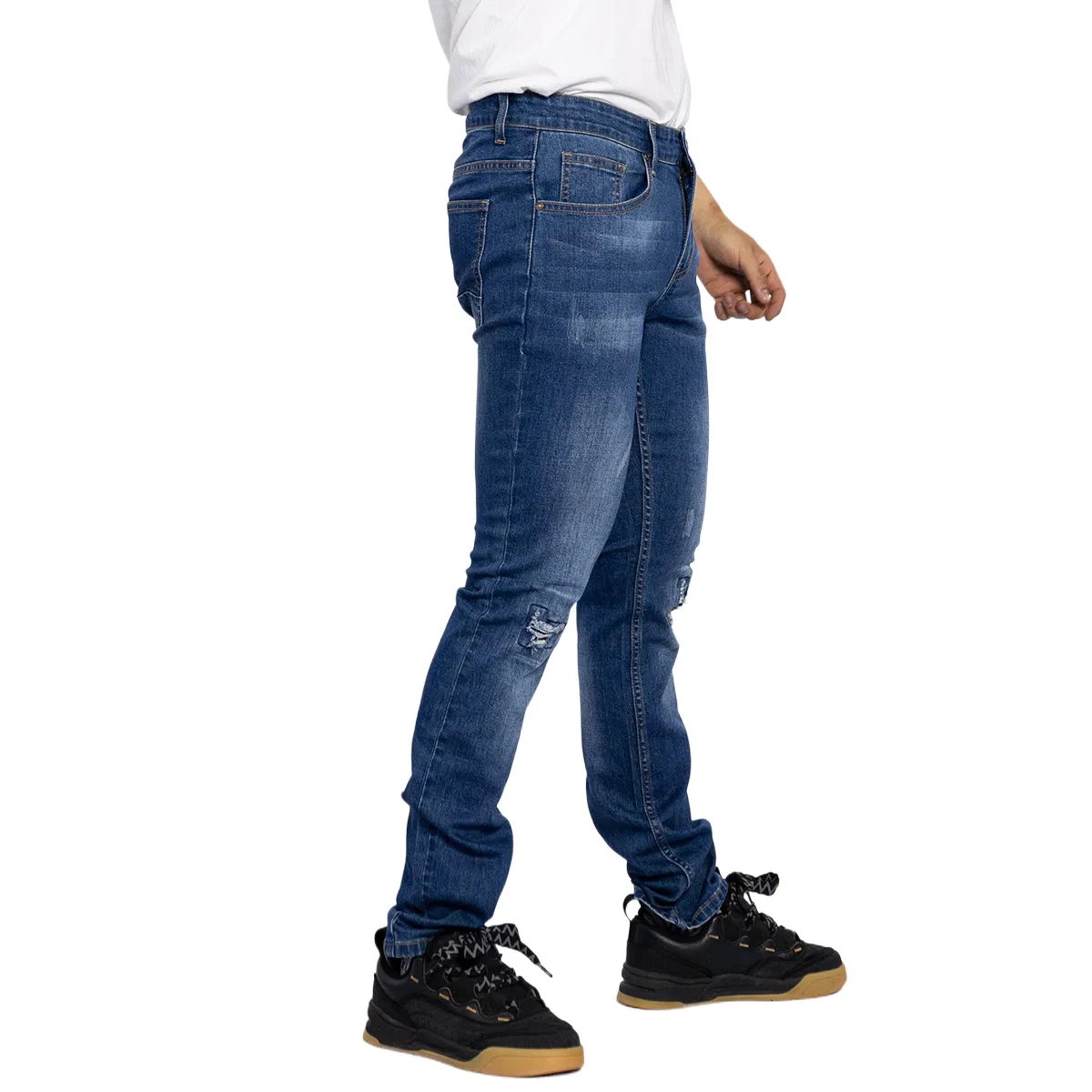 Jeans masculinos skinny de algodão macio personalizado, tecido de denim azul lavado e rasgado
