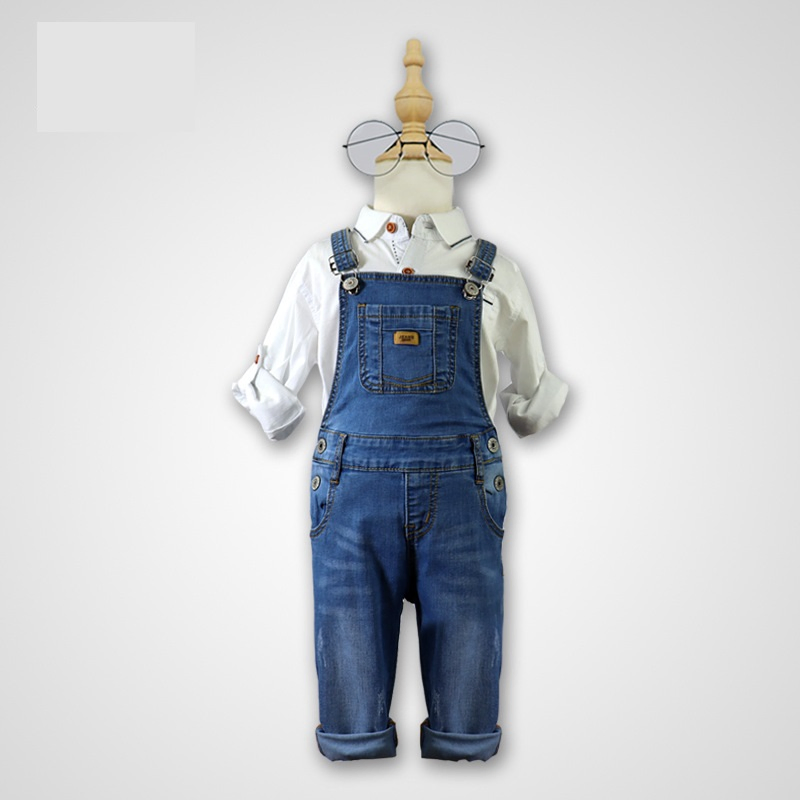 Macacão de Denim Infantil para Crianças, Casual, com Pernas Largas, Suspensório, Calças Jeans, Macacão para Bebês em Denim
