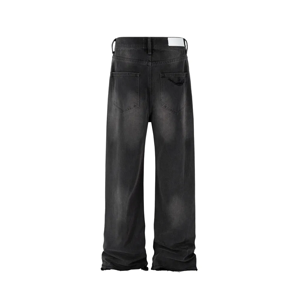 Calças jeans masculinas baggy de flare plus size, com aplicação de resina azul vintage, lavagem à mão e acabamento desgastado