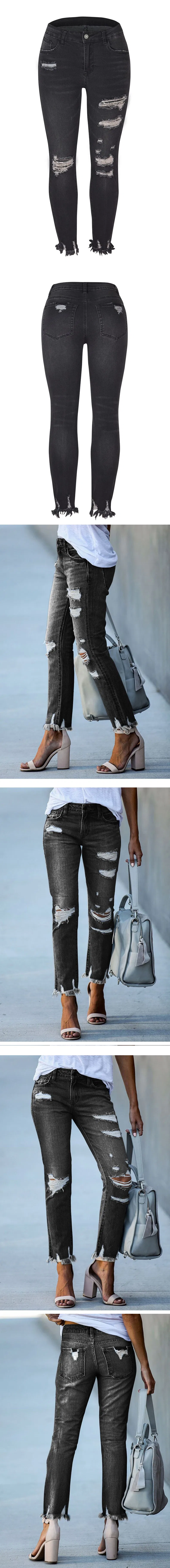 Calças de denim de alta elasticidade com tassel, auto-cultivação, desgastadas e usadas