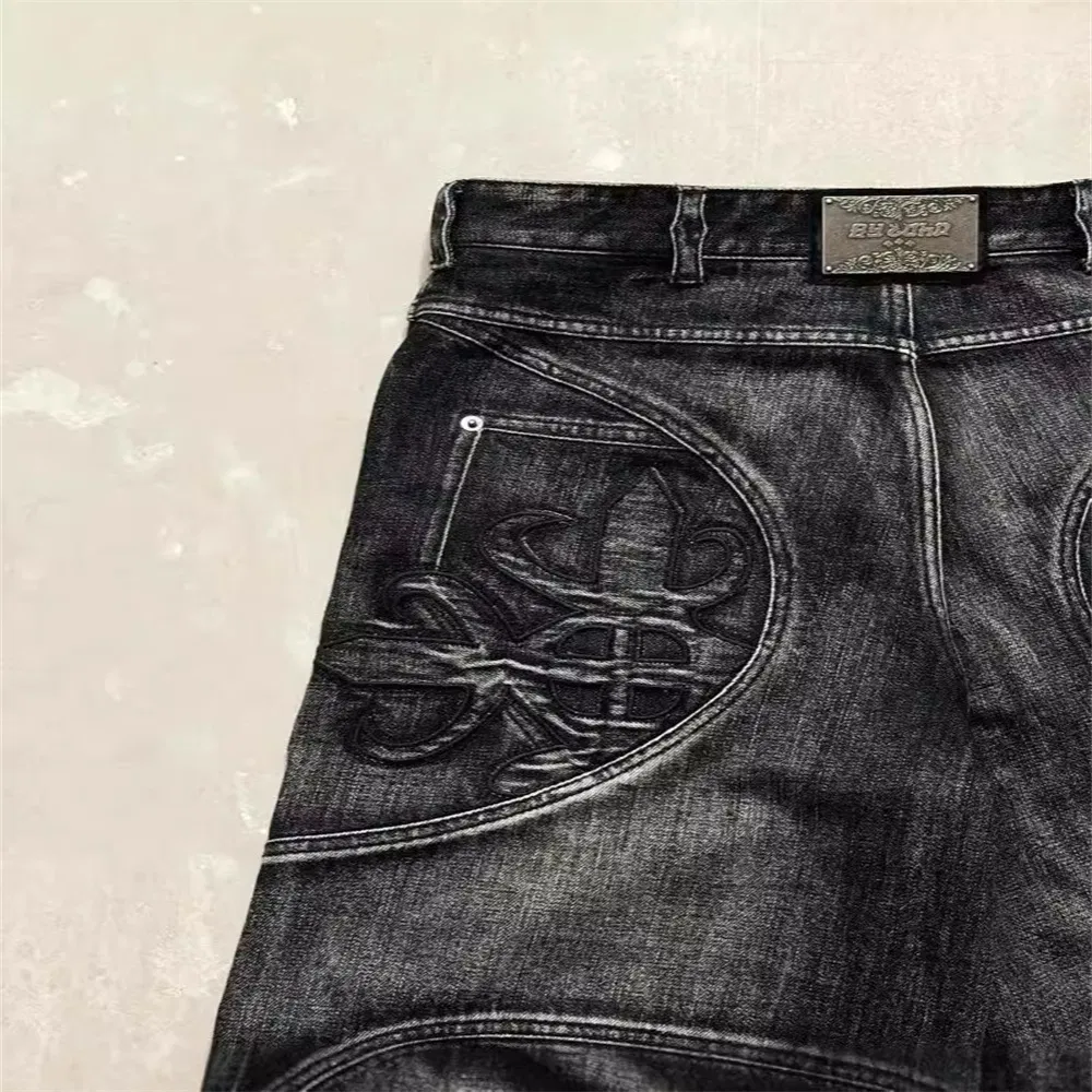 Calças Jeans Masculinas Personalizadas Estilo Desgastado Baggy Denim Bordado Estilo de Rua Pesadas Lavadas com Ácido Y2K Hip Hop Americano Retrô Calças Largas