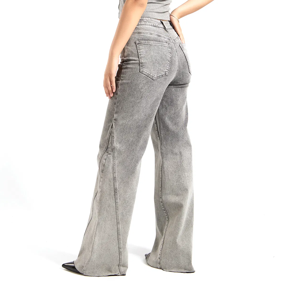 Calças de Jeans Cinza de Cintura Alta para Mulheres, Modelo Wide Leg, Ajuste de Mãe, Tecido Denim