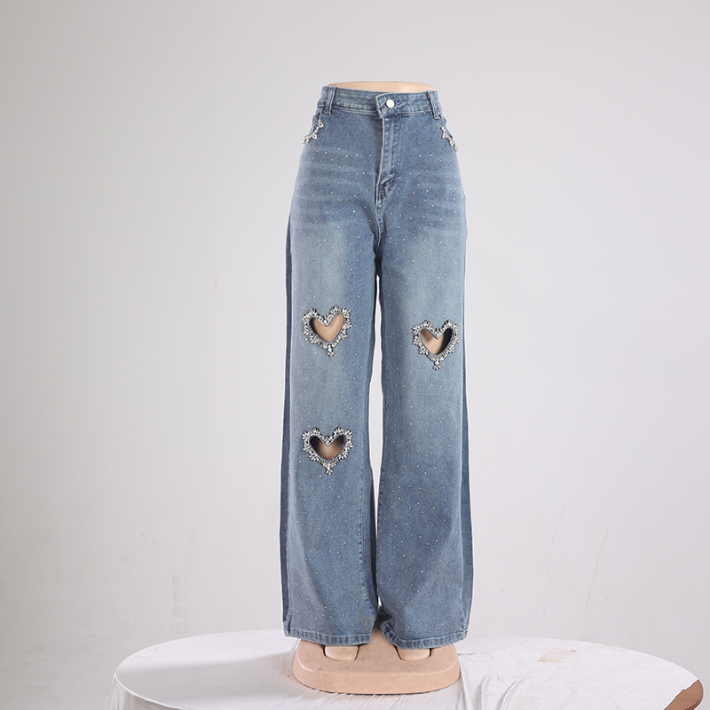 Calças de Jeans Femininas Ripped Slim Sexy com Padrão em Forma de Coração para Mulheres com Perna Reta