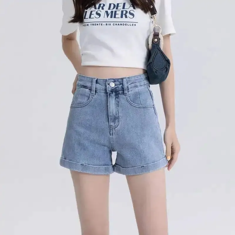 Novos Shorts Femininos de Cintura Alta, Jeans Casuais Elásticos e Personalizados e Fashionáveis
