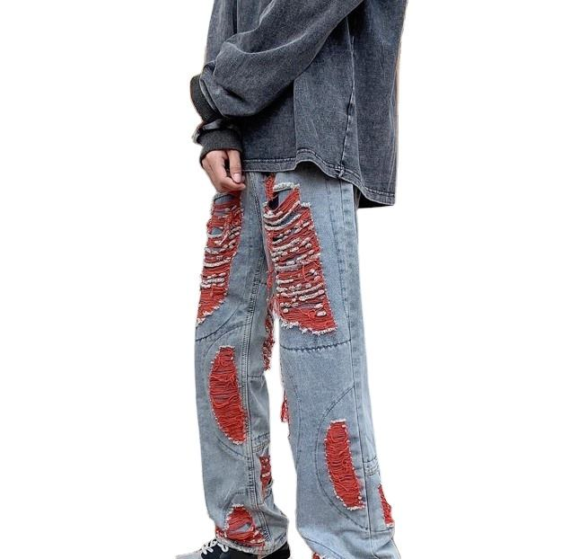 Calças de Denim Flare com Buracos em Patchwork Vermelho, Jeans Soltos para Homens, Personalizados de Fábrica, Estilo Hip-Hop de Alta Rua, Jeans de Designer de Alta Qualidade para Homens