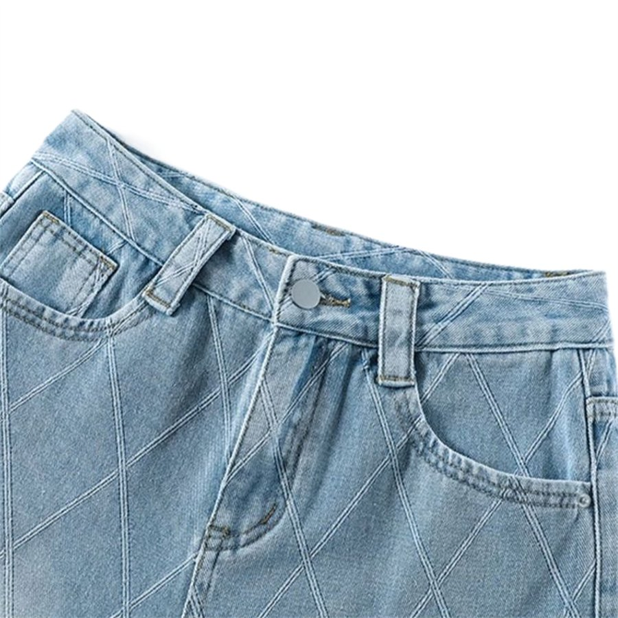 Design Novo Primavera Verão Calça Jeans Feminina Plaid Jacquard Corte Reto Solto Ajuste Confortável Calça Longa de Perna Larga Feminina Slimming e Design Único