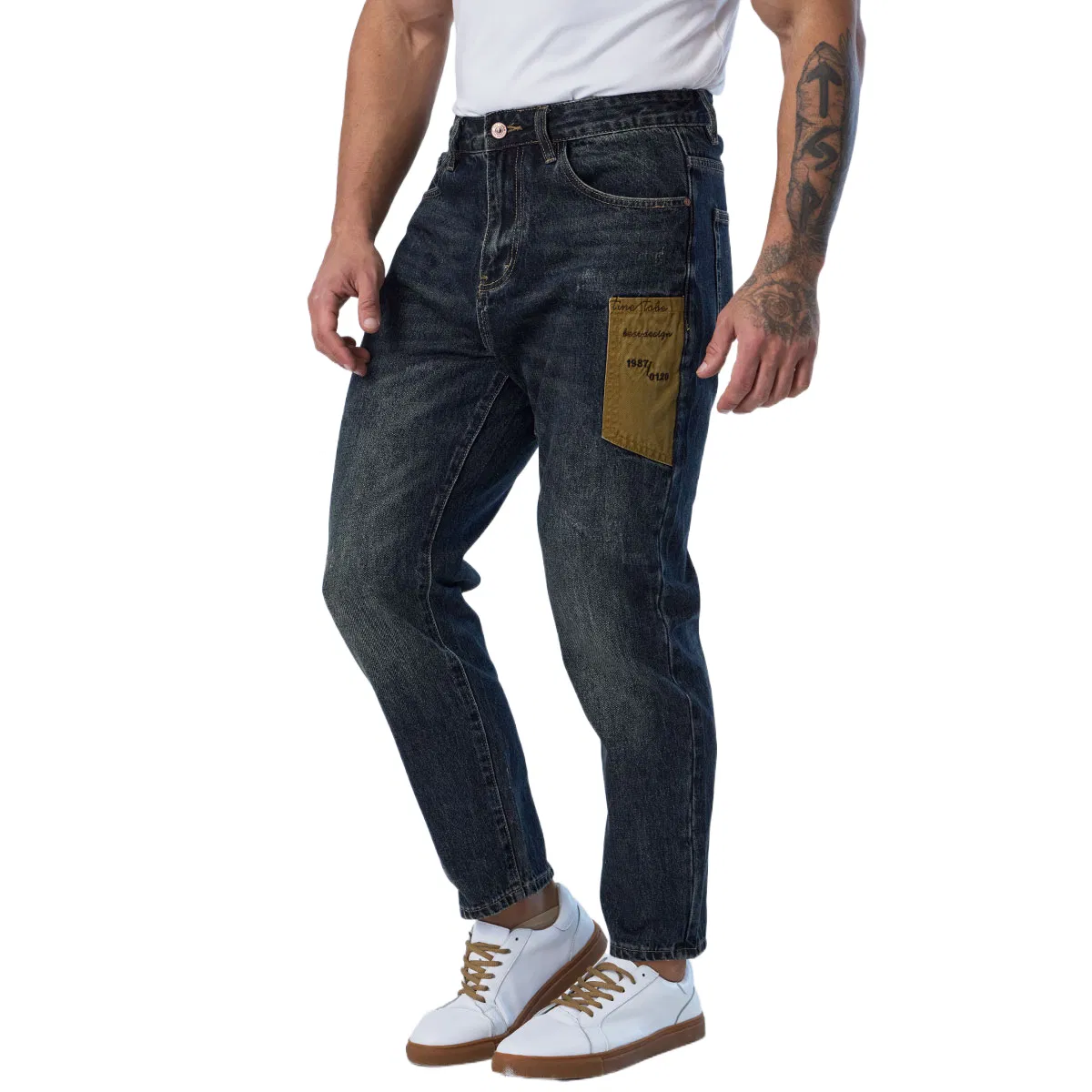 Design de Patches Personalizado em Jeans Casual Azul Escuro para Homens, Corte Reto