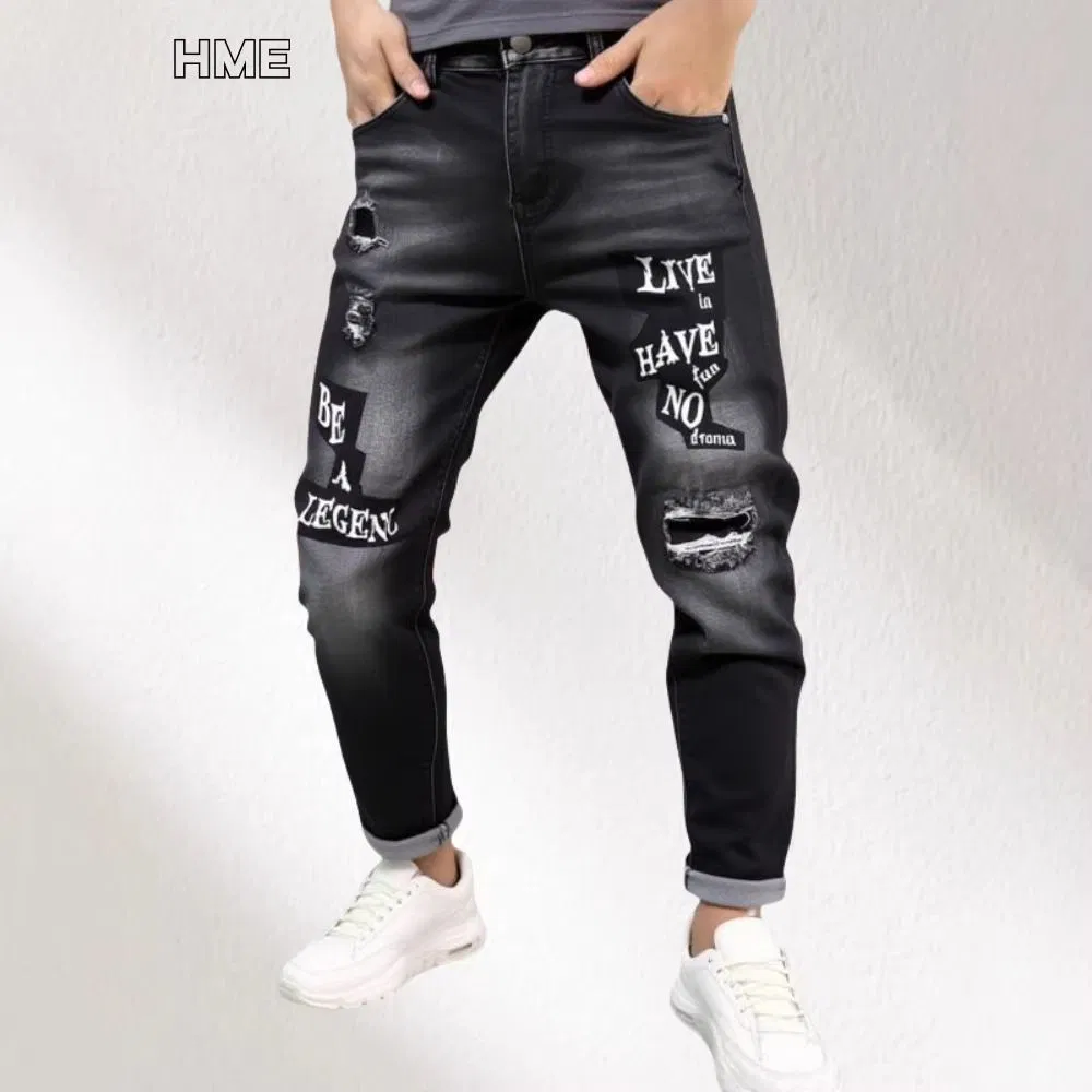 Jeans Casuais Masculinos Estilo Desgastado com Letra Única