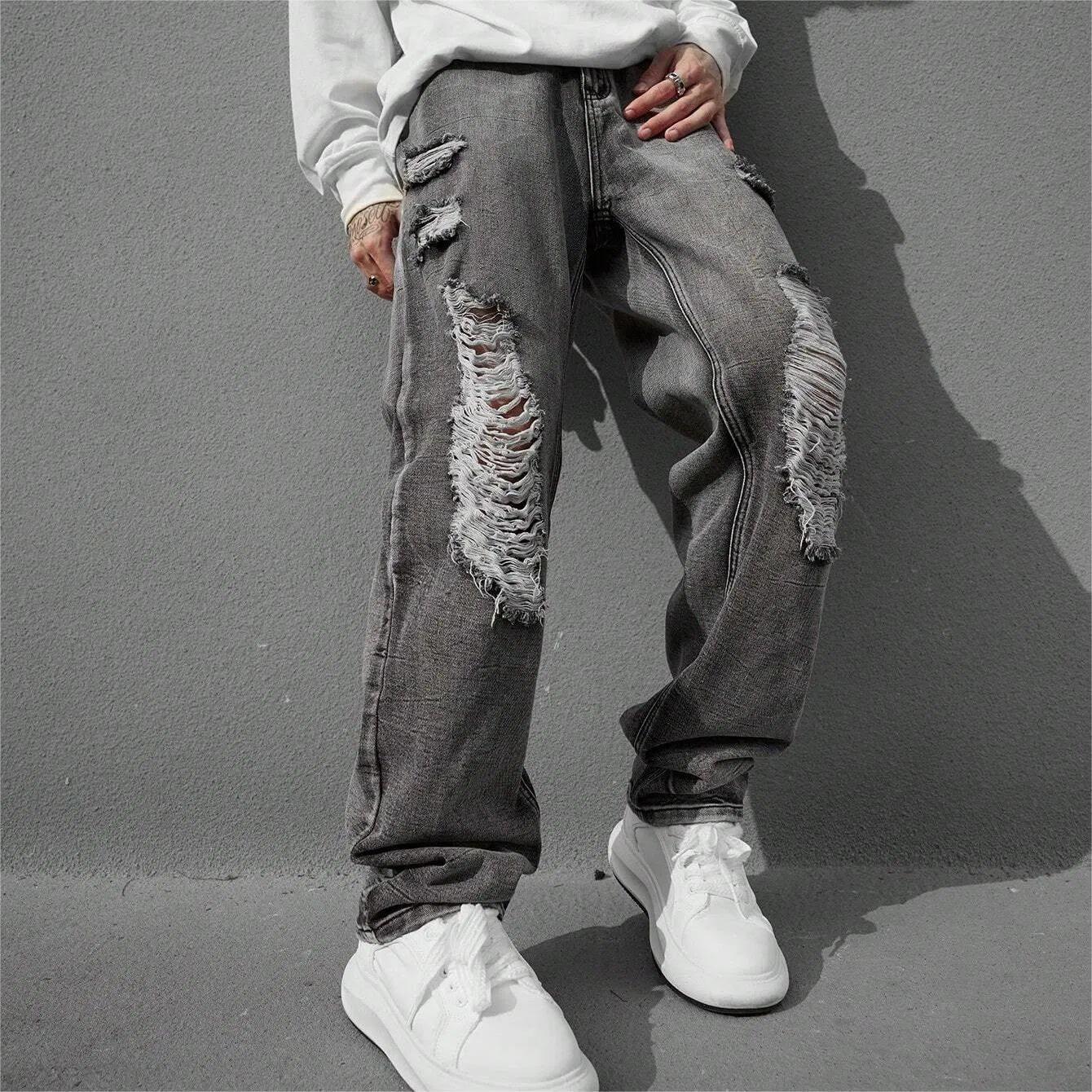 Fábrica OEM de Alta Qualidade Calças Cinzas Streetwear Roupas Baggy Personalizadas Jeans Masculinos Rasgados Ajuste Solto Cinza