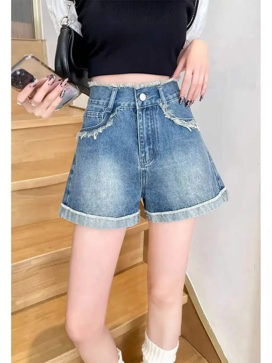 Novos Shorts Femininos de Cintura Alta, Jeans Casuais Elásticos e Personalizados e Fashionáveis