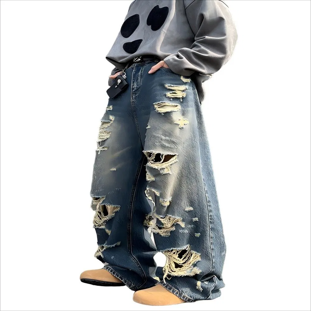 Calças Casuais de Corte Reto Largas com Design de Rua, Jeans Desgastados com Furos Negados