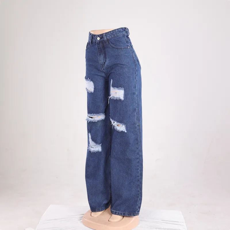 Jeans de Denim Lavados Desgastados