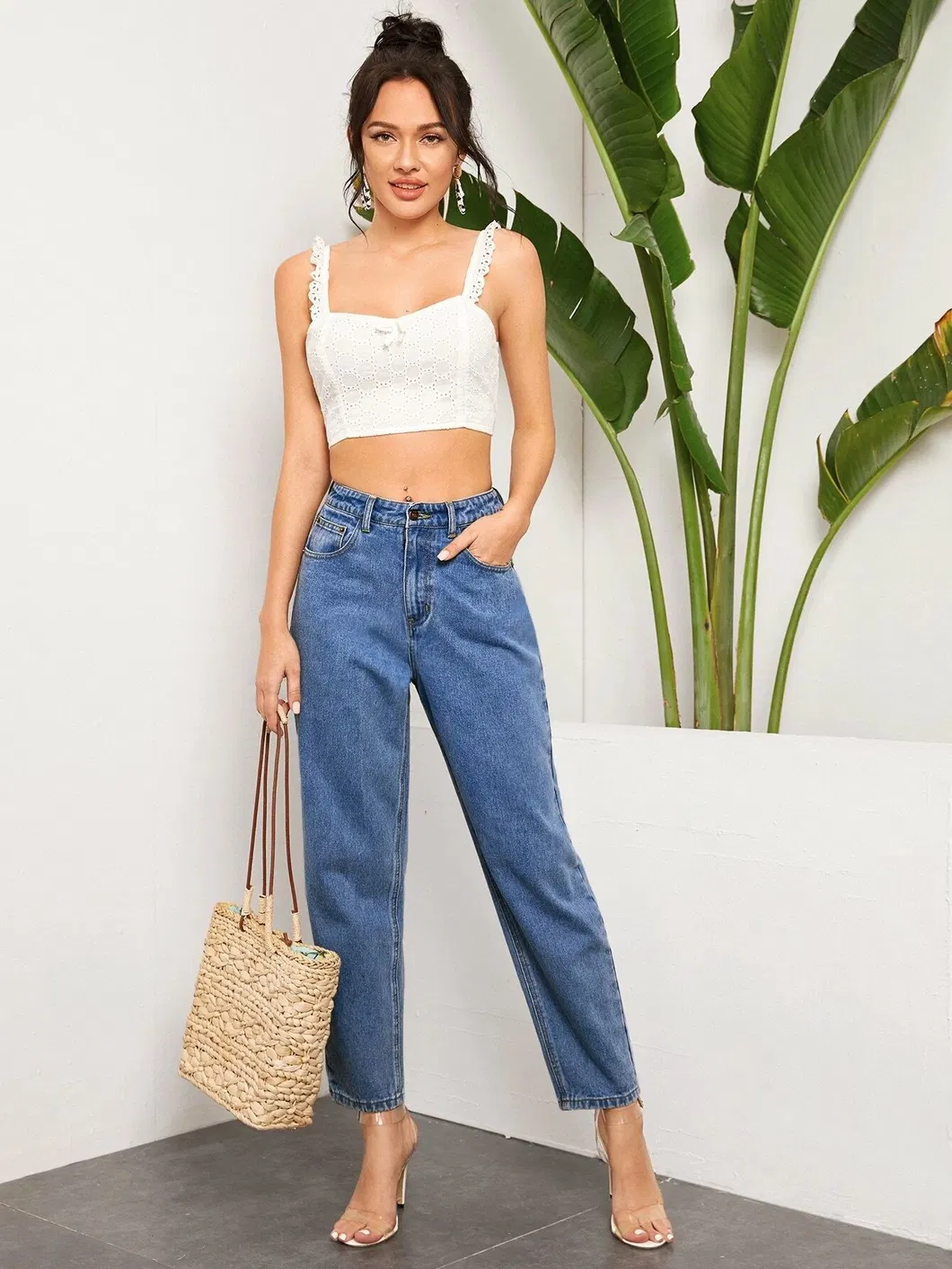 Vendas de Fábrica Jeans de Denim Feminino Simples de Alta Qualidade