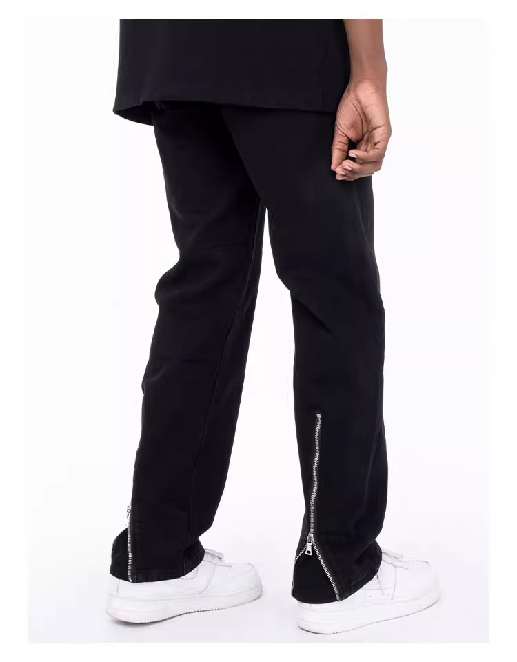 Calças de Jeans Masculinas Fashion com Zíper na Barra, Corte Reto, Jeans Relaxados