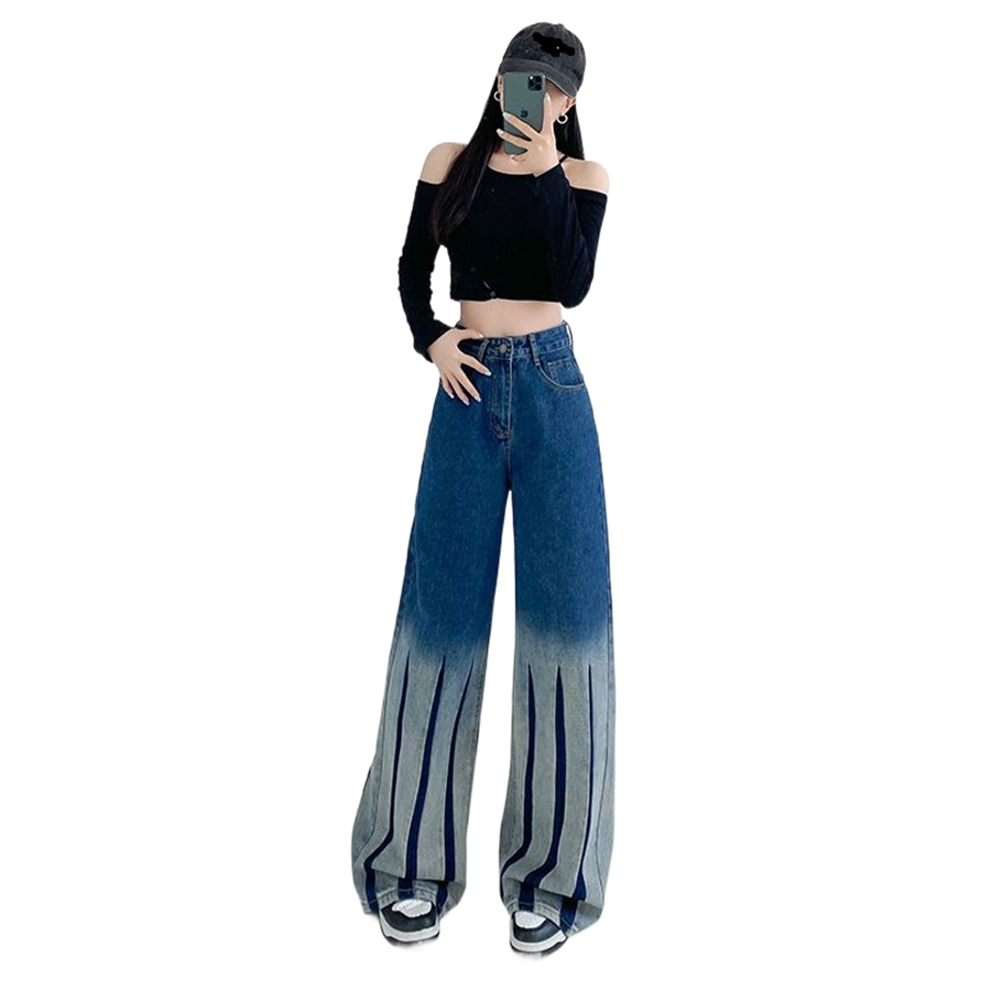 Calças de Denim Femininas de Largura Larga com Estampa Batik em Gradiente de Cores da Primavera e Outono, Design Relaxado com Corte Reto e Comprimento até o Chão