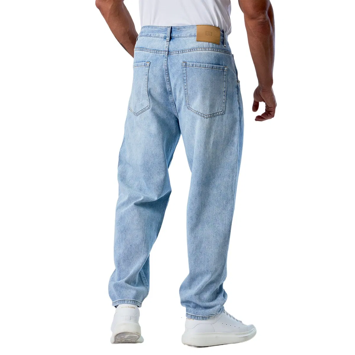 Calças baggy plissadas azul brilhante personalizadas para homens, jeans reto por atacado