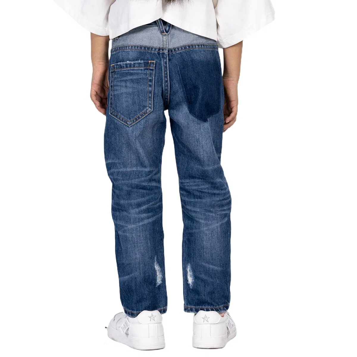 Calças jeans de denim para meninas personalizadas, azul escuro, macias, de algodão, com spray, boa venda