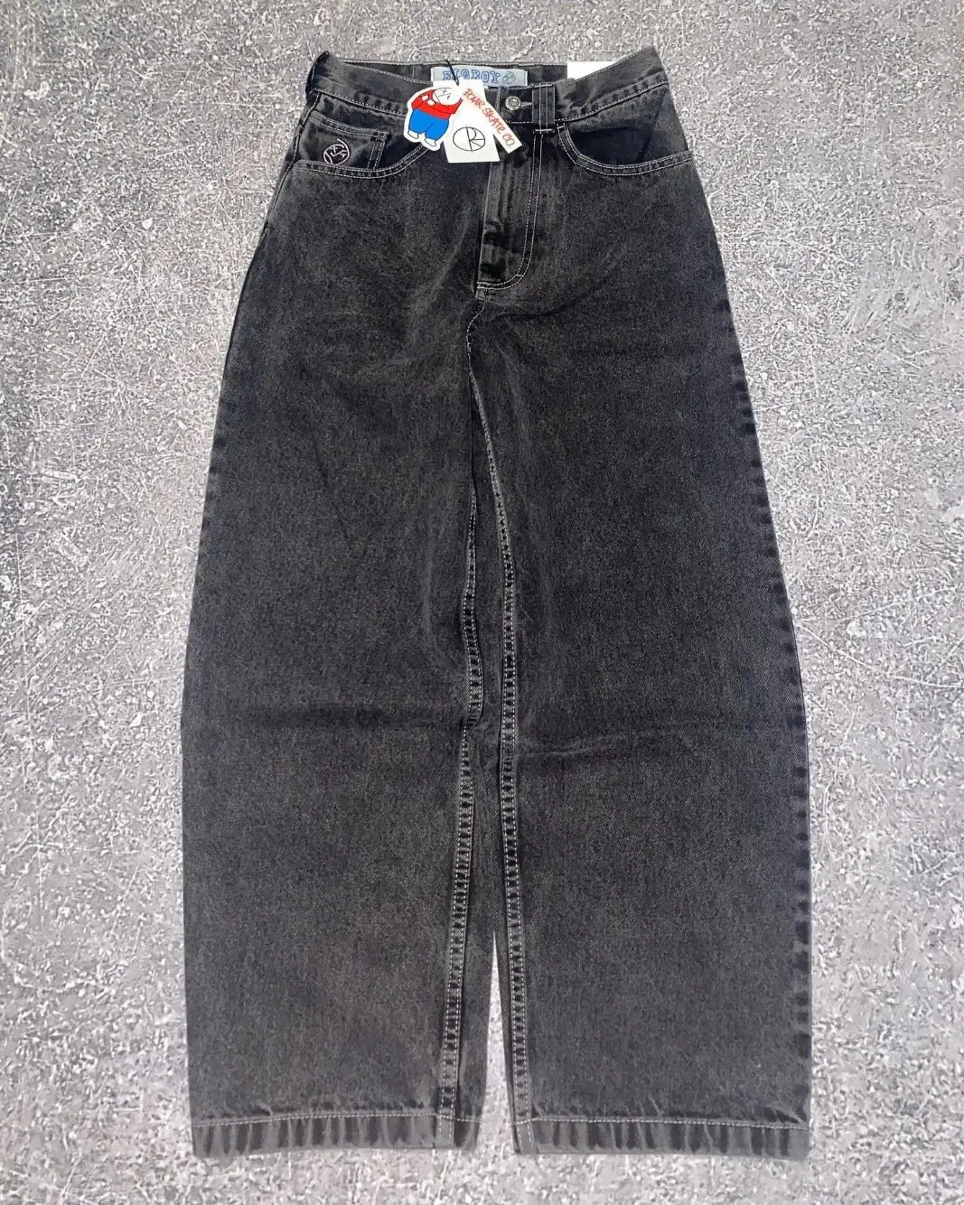 Calças Baggy Polar Big Boy Y2K com Bordado de Cartoon Hip Hop Japonês Harajuku - Calças Baggy Azuis Retrô para Homens e Mulheres com Pernas Largas