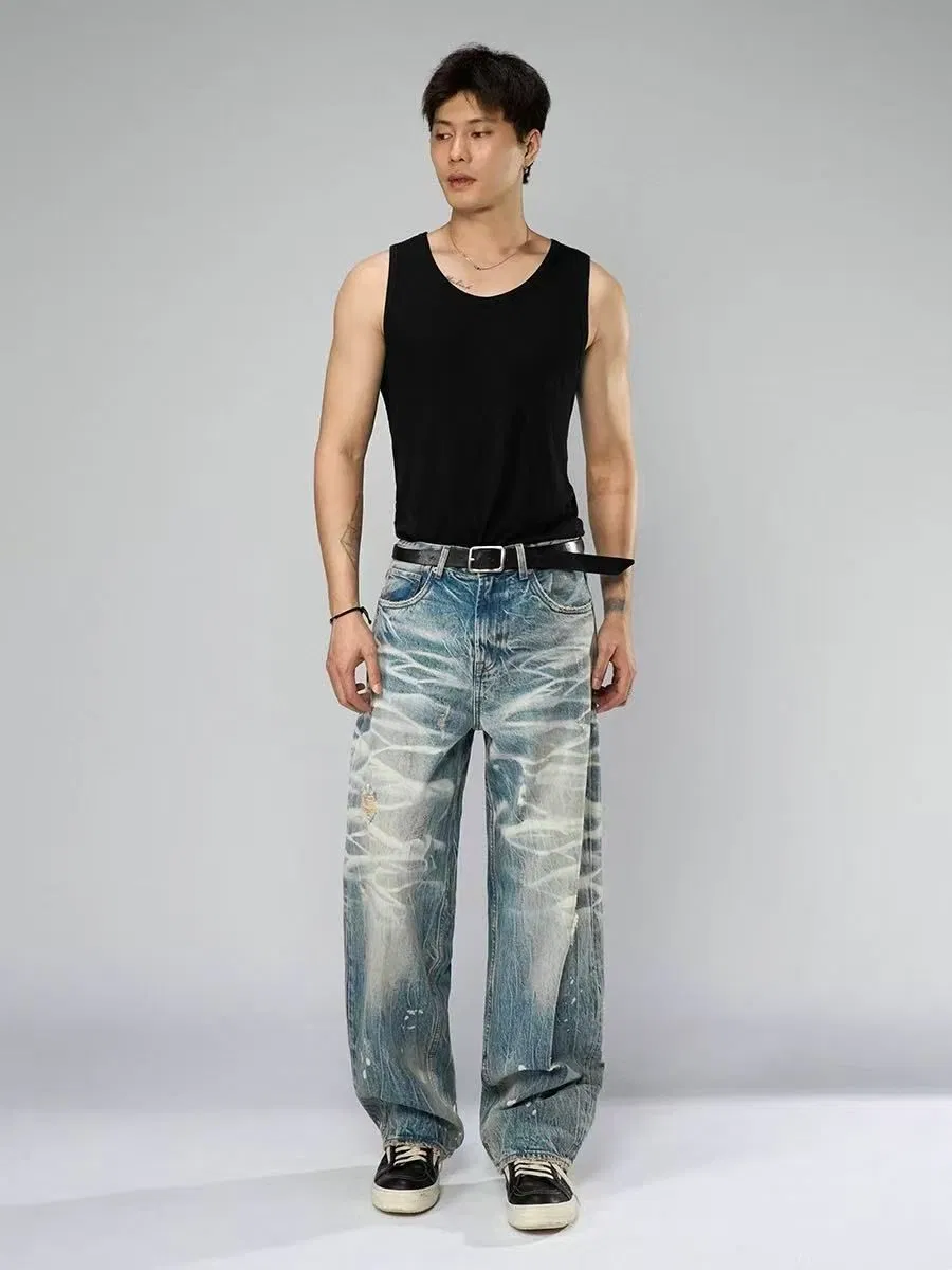 Calças Jeans Masculinas Tendência Rua Desgastadas Gradiente Largas Retas