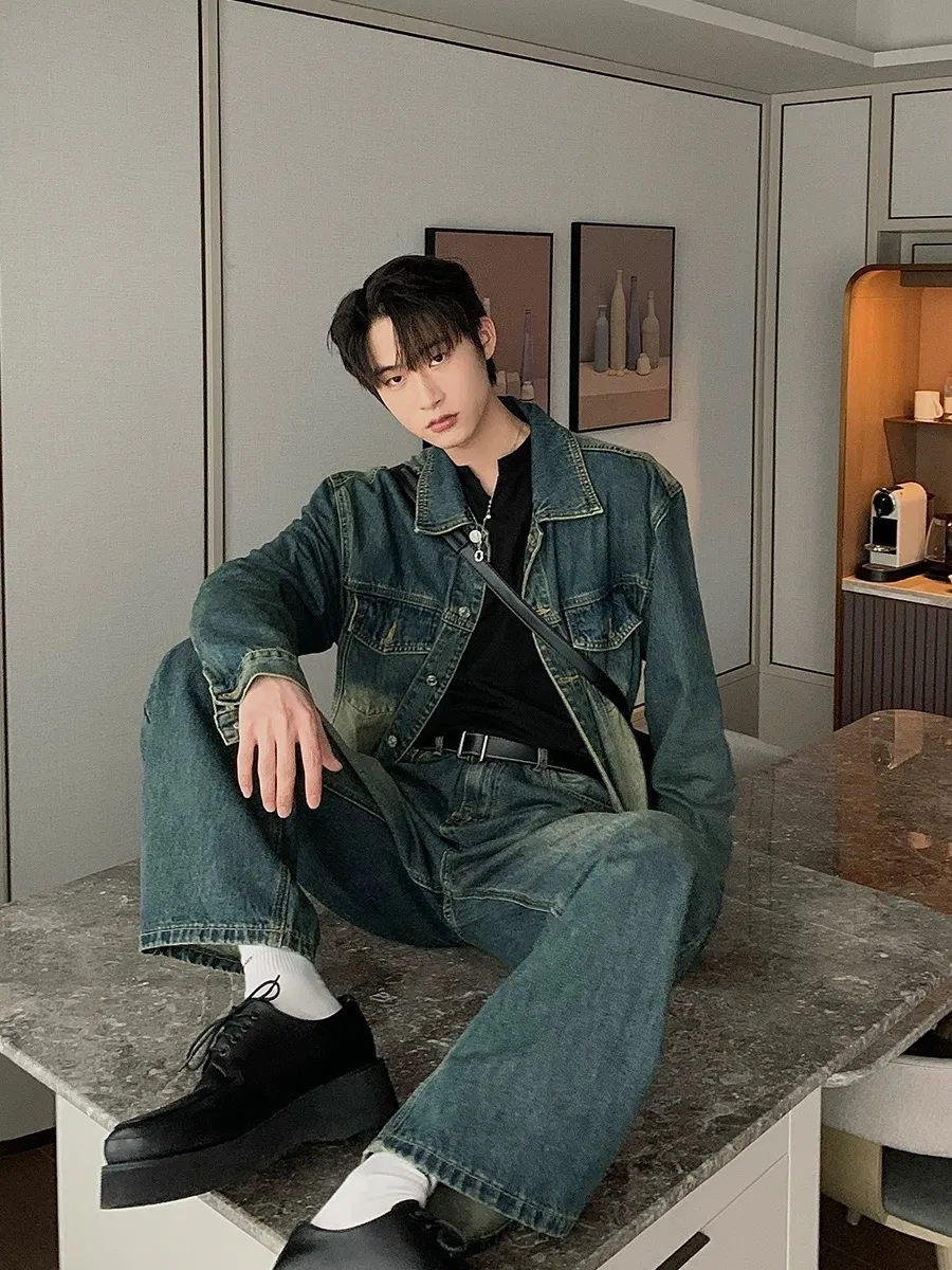 Calças Jeans Masculinas de Alta Qualidade, Perna Larga, Lavadas, Cor Azul, Denim para Homens
