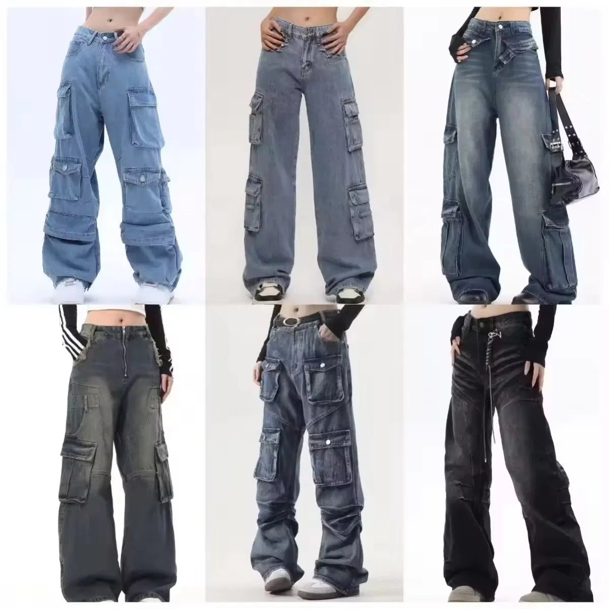 Calças jeans desgastadas, desfiadas e largas para mulheres, com múltiplos bolsos, estilo reto e solto, tendência hip-hop, respirável