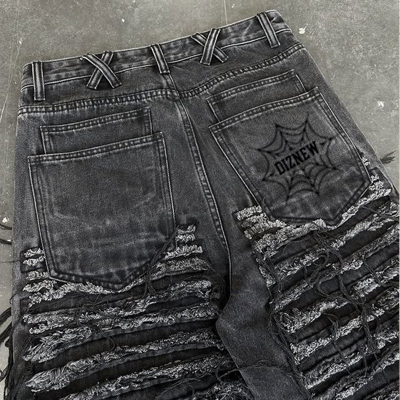 Calças jeans retas desgastadas pretas personalizadas para homens com baixa quantidade mínima de pedido