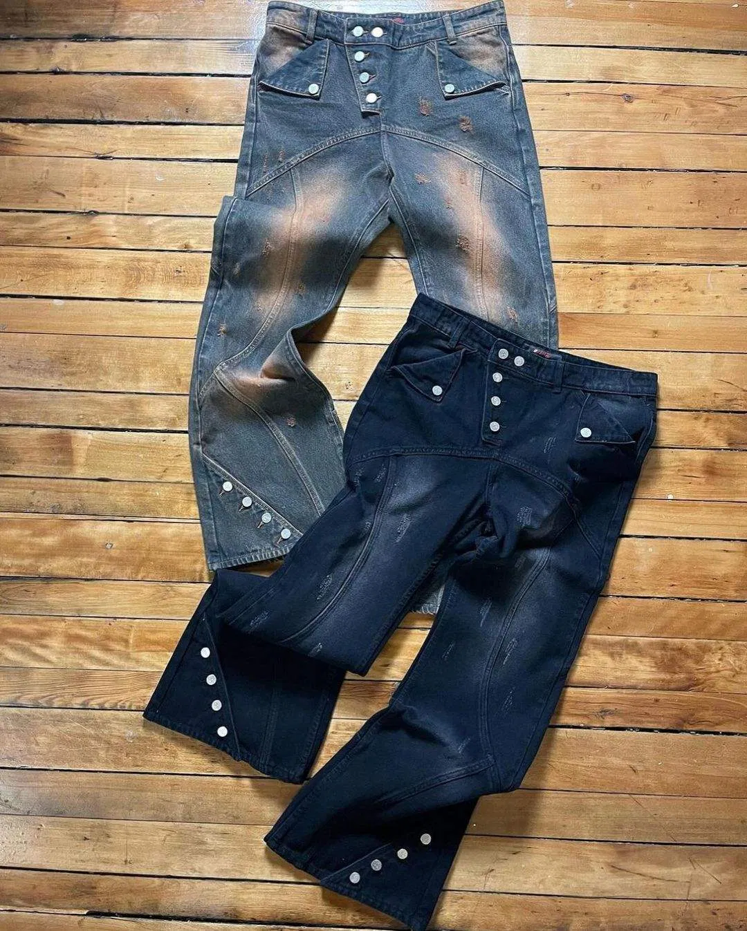Calças Flare Plus Size Masculinas Retorno Lavadas Streetwear Hip Hop Botão Jeans de Denim Alta Qualidade para Homens