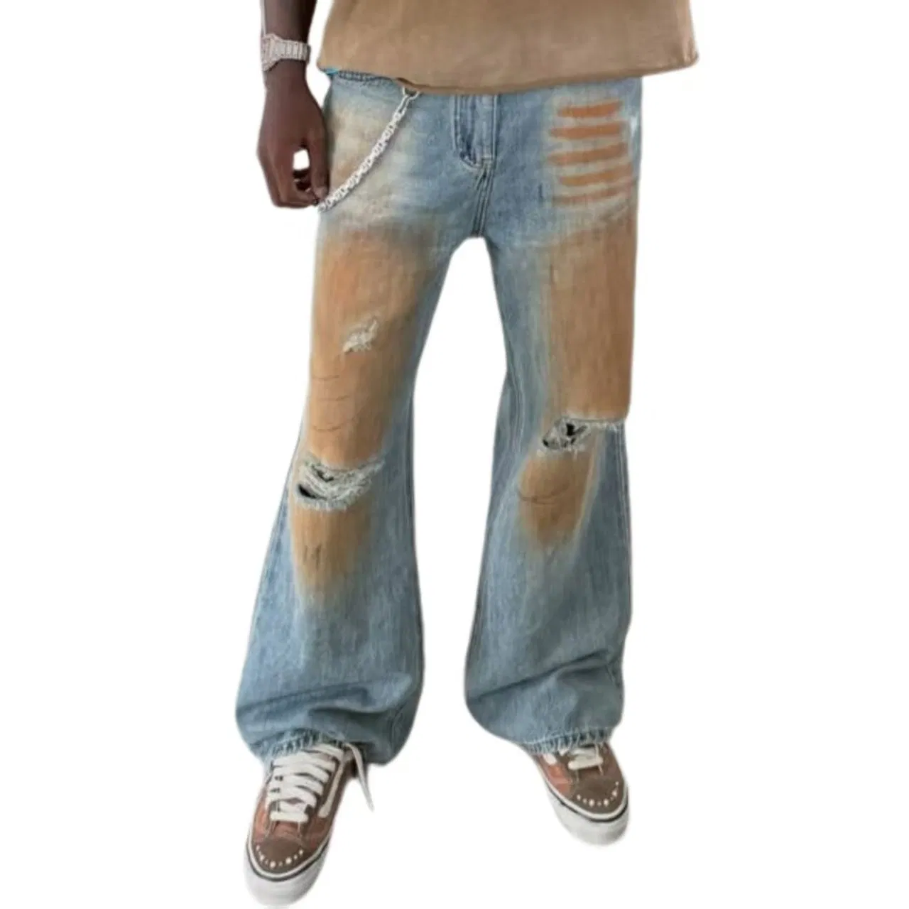 Calças de Jeans Baggy Vintage Distressed Masculinas com Manchas Marrons Lavadas, Denim de Perna Larga