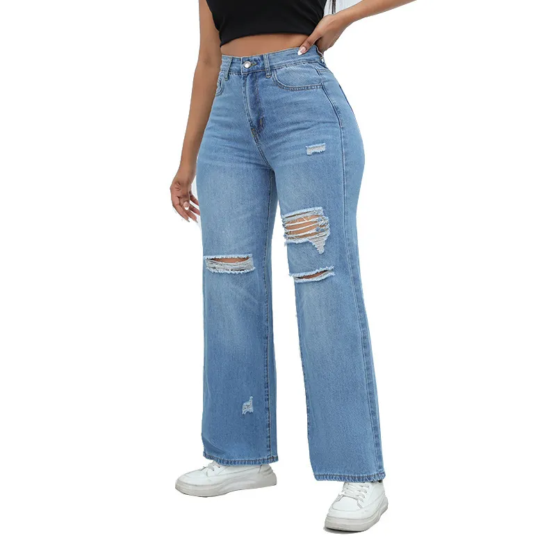 Calças de jeans largas rasgadas de moda casual femininas personalizadas por atacado em denim lavado