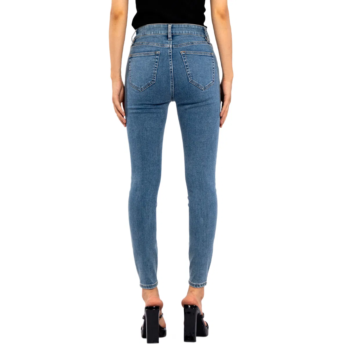 Jeans clássicos slim fit elásticos casuais azul escuro para mulheres na moda