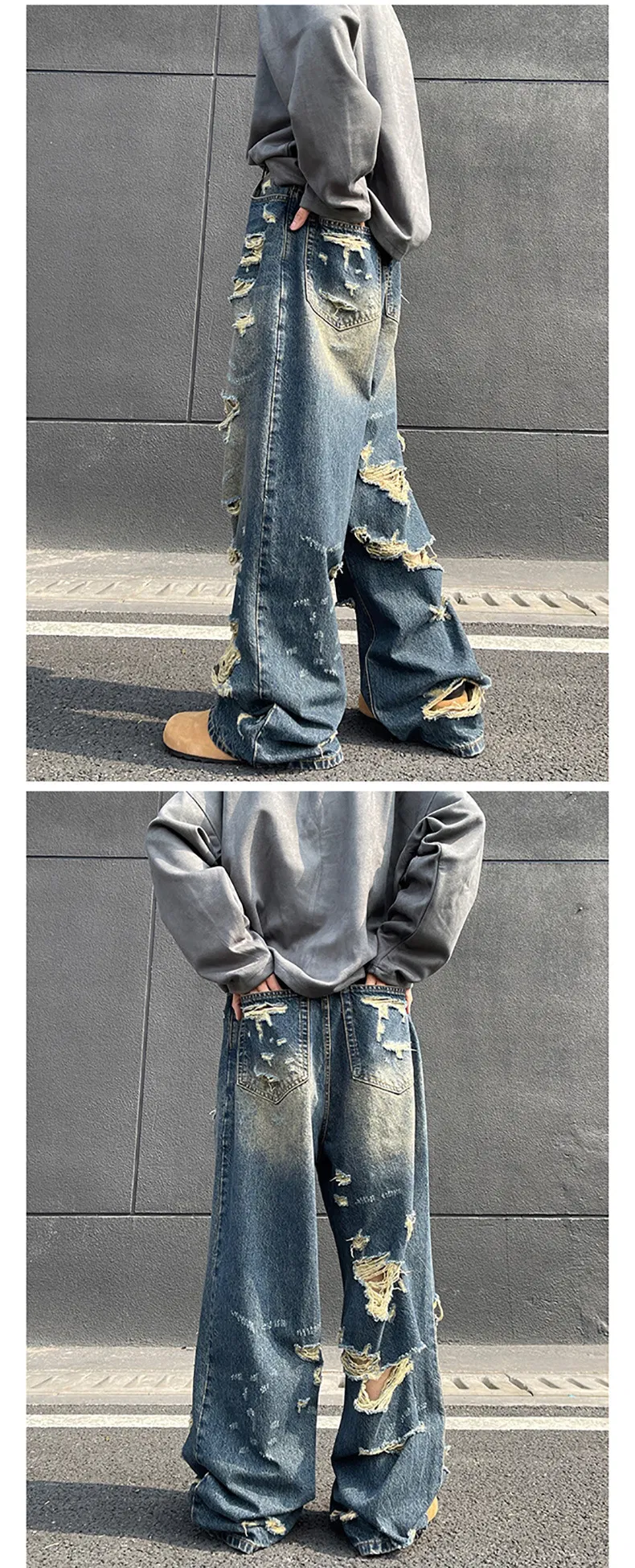Calças Casuais de Corte Reto Largas com Design de Rua, Jeans Desgastados com Furos Negados