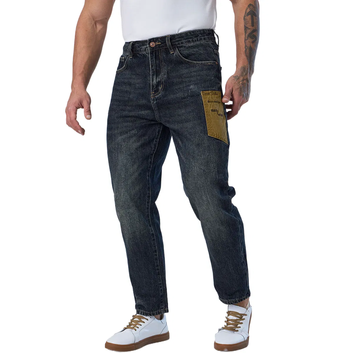 Design de Patches Personalizado em Jeans Casual Azul Escuro para Homens, Corte Reto