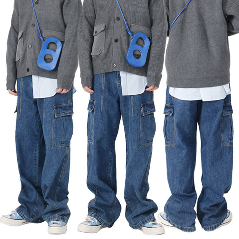 Homens Moda Vintage Atacado Casual Jeans Cargo Azul Largura de Algodão Lavado