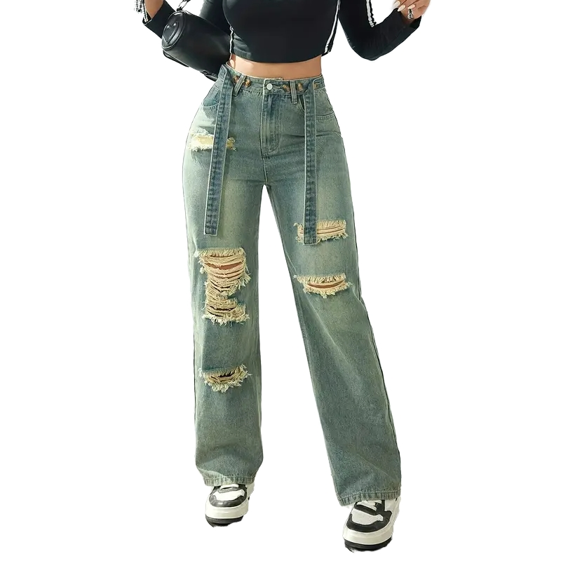Calças Jeans Vintage Baggy Azuis de Perna Reta Rasgadas com Efeito Desgastado Ajustadas para Menina