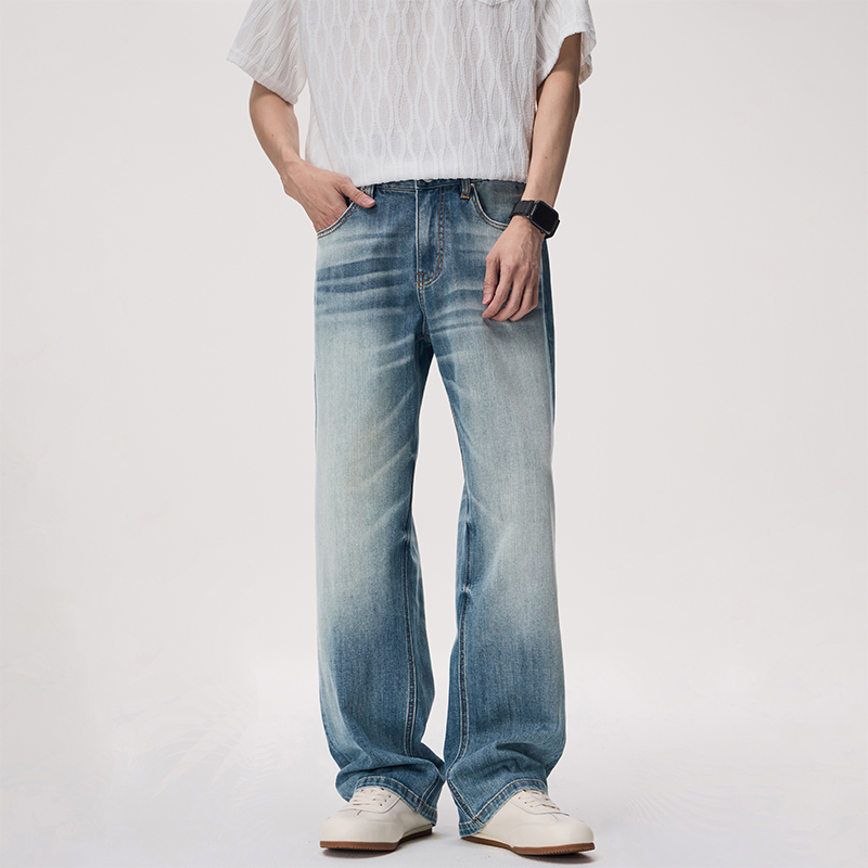 Moda de Tendência Hip Hop Urbana Premium Soft Gradiente Calça Larga Rasgada Jeans de Cintura Alta