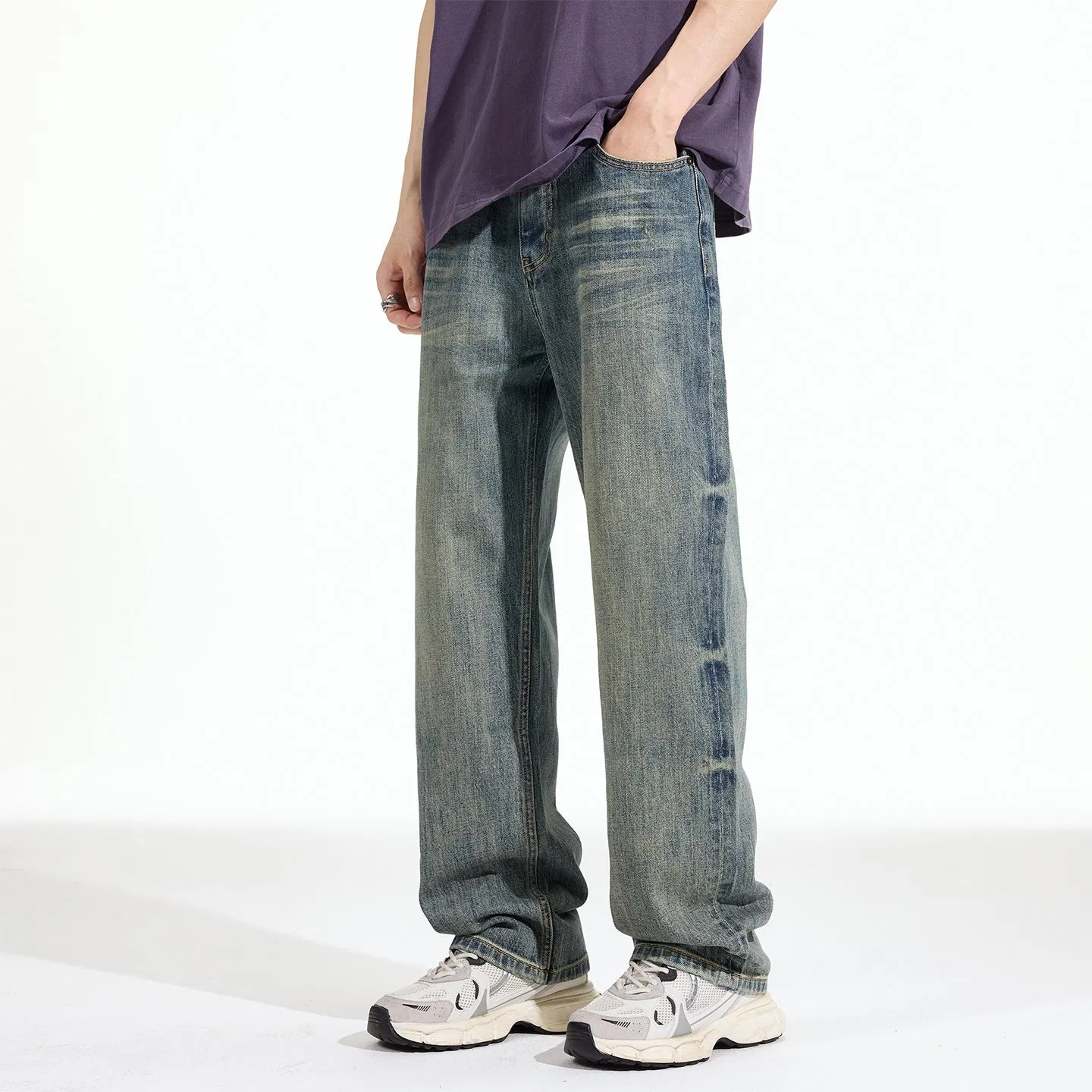 Fabricante de Calças Jeans Masculinas Calças Jeans Lavagem com Água Sanitária Detalhe de Desgaste Ajuste Relaxado B2b Fornecedor Fabricante